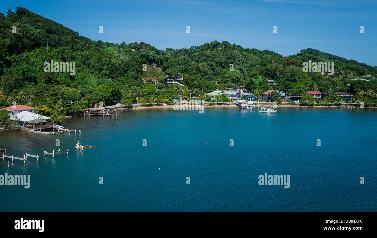Spiaggia e molo sull'isola di Roatan al largo della costa dell'Honduras Foto Stock