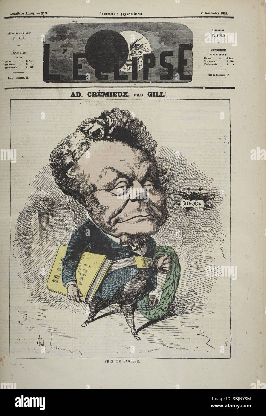 Questa caricatura del 1868 di André Gill, con Adolphe Crémieux, è stata pubblicata sulla copertina del quotidiano satirico francese *l'Éclipse*. Gill era noto per il suo acuto commento politico e la sua abilità nel caricaturare figure pubbliche di spicco dell'epoca. Foto Stock