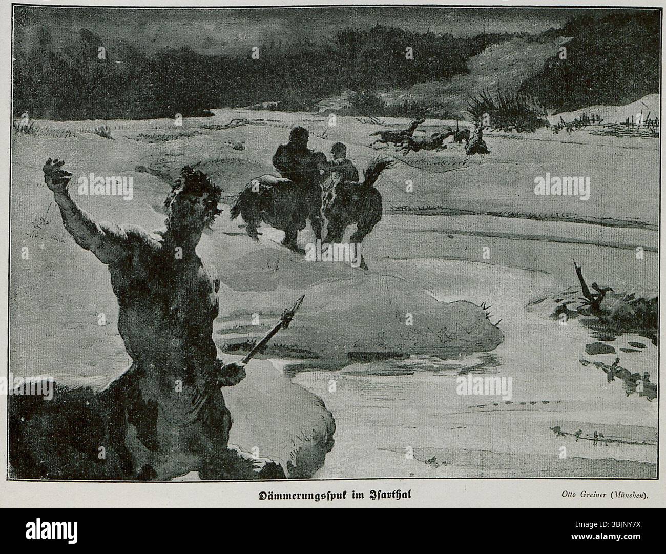 "Dämmerungsspuk im Isarthal" (1897) di otto Greiner è un'illustrazione pubblicata sulla rivista "Jugend". Rappresenta una scena inquietante nella Isar Valley, catturando elementi atmosferici del crepuscolo. Foto Stock