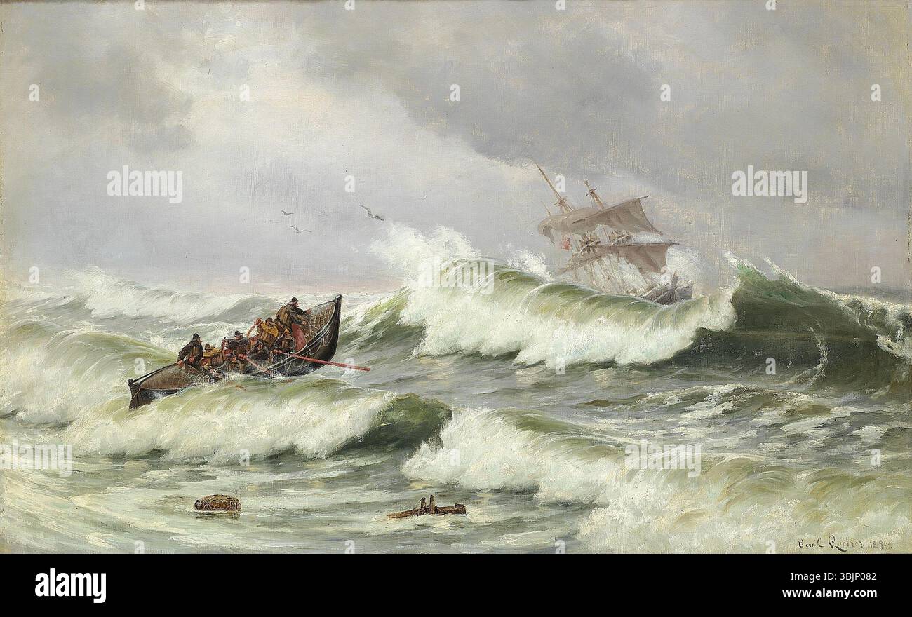 Il dipinto di Carl Locher del 1894 "Redningsbåden går ud til det nødstedte skib" (la scialuppa si dirige verso una nave in difficoltà) raffigura una scialuppa di salvataggio che viene lanciata per salvare una nave in difficoltà. Locher ripeté questa scena drammatica in diverse opere. L'olio su tela riflette i momenti pericolosi del mare. Foto Stock