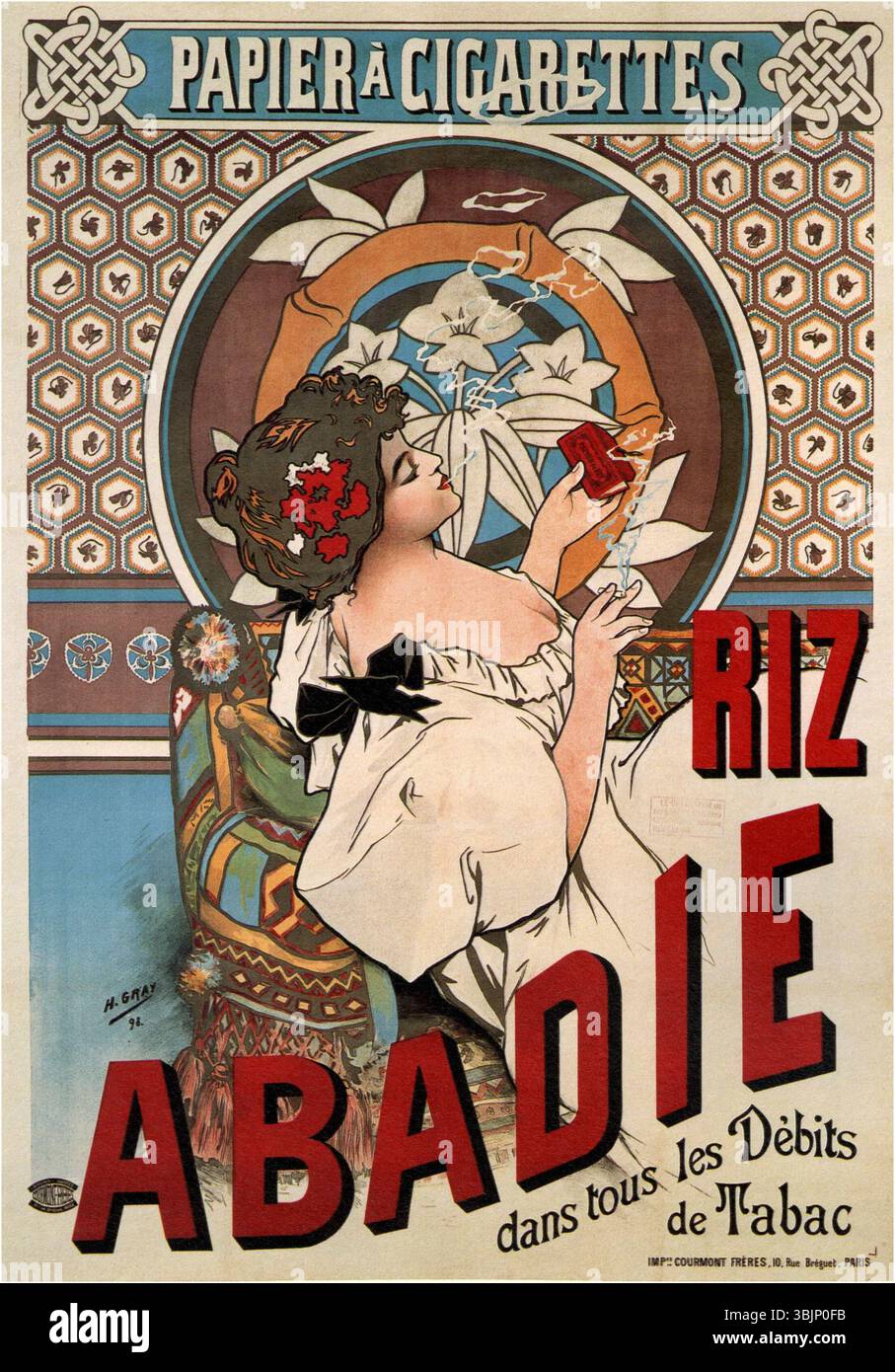 Un poster pubblicitario per la carta da rotolamento per sigarette Riz Abadie, disegnata da Henri Gray nel 1898. L'illustrazione è un esempio di arte commerciale della fine del XIX secolo. Foto Stock