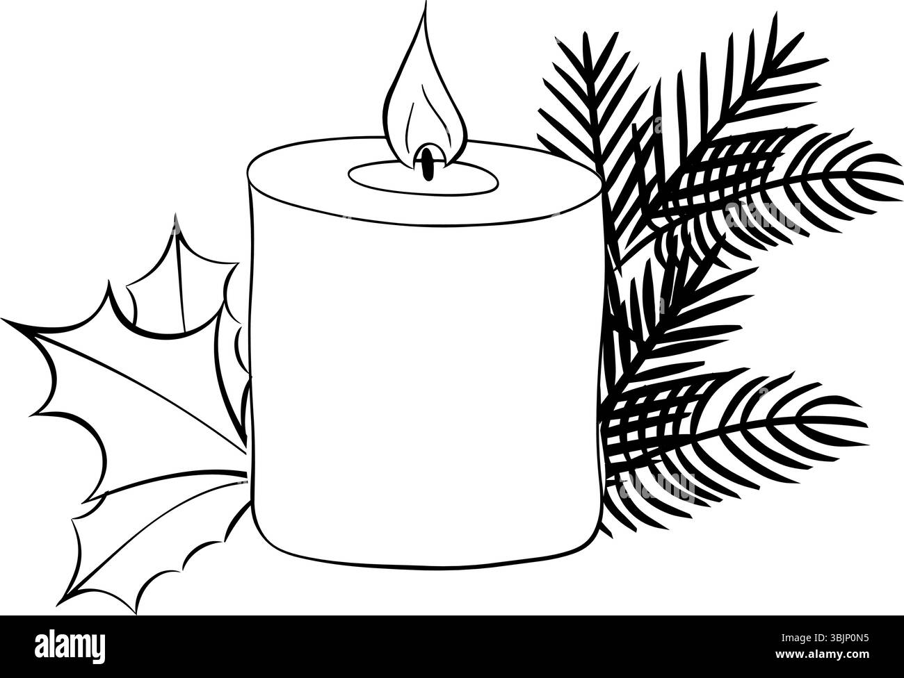 Candela circondata da rami di pino bianco e nero per una composizione decorativa di festa isolata. Illustrazione dell'inchiostro con linee grafiche vettoriali. Design per il pacchetto Illustrazione Vettoriale