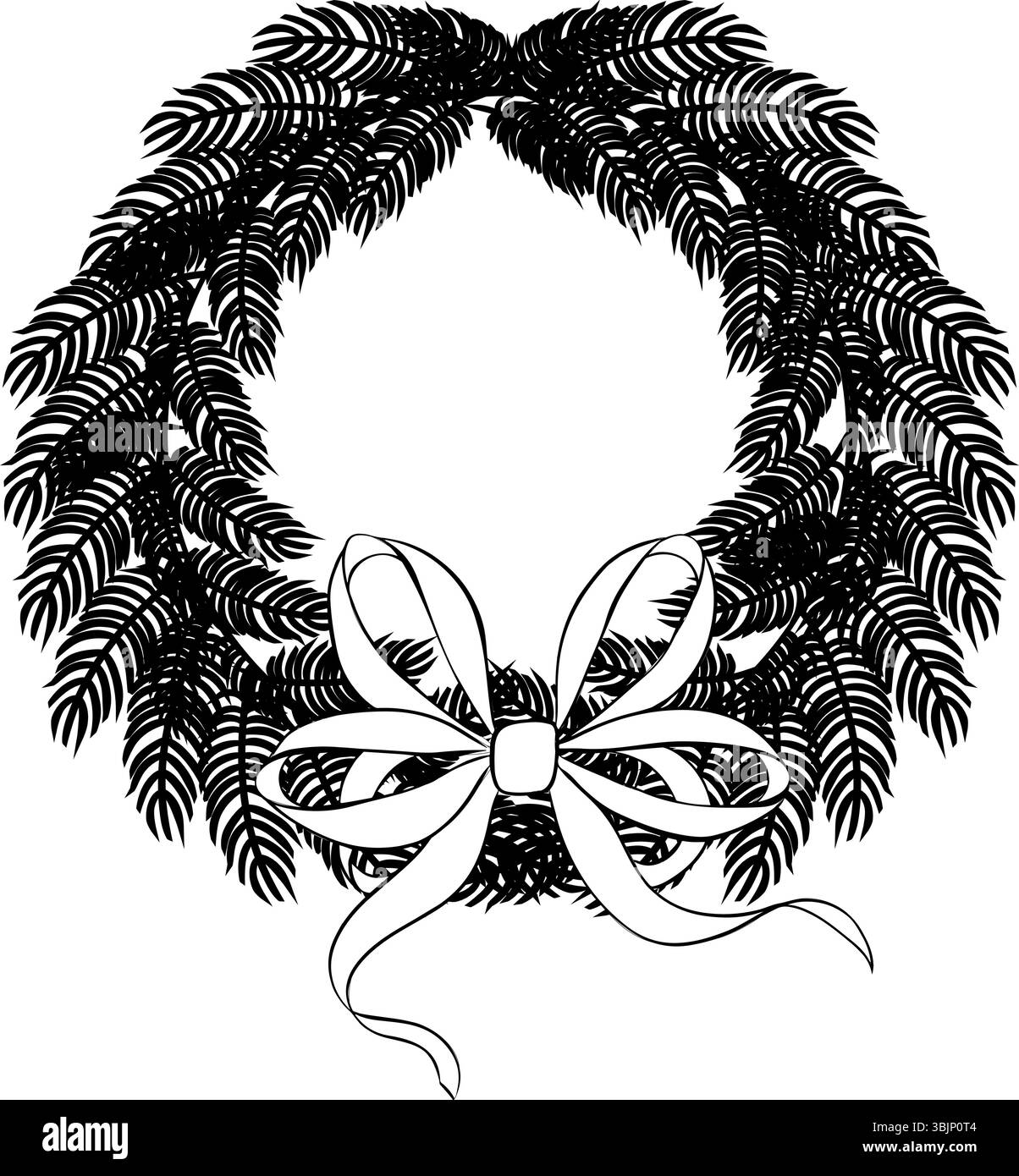 Corona di alberi di Natale rami di pino bianco e nero con arco rosso e nastri. composizione isolata. Illustrazione dell'inchiostro con linee grafiche vettoriali. Decorato Illustrazione Vettoriale