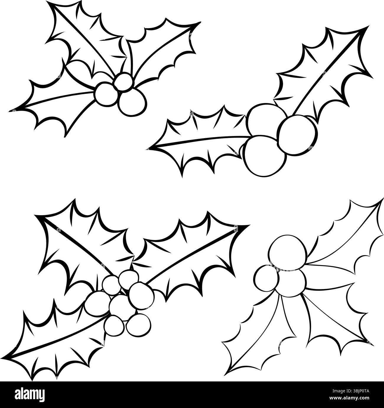 Christmas Holly Berries Plant composizione in bianco e nero isolata. Illustrazione dell'inchiostro con linee grafiche vettoriali. Mistletoe with Small Plant Behind for Decora Illustrazione Vettoriale