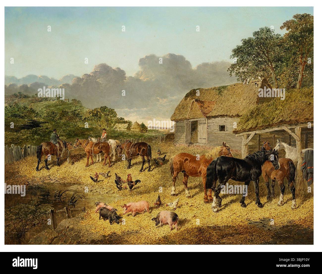 John Frederick Herring, Jr. Dipinge di cavalli che bevono da una fossa d'acqua in un'fattoria, con maiali e polli nelle vicinanze. Il lavoro cattura la vita rurale, mostrando l'interazione armoniosa tra vari animali da fattoria. Il mezzo è olio su tela. Foto Stock