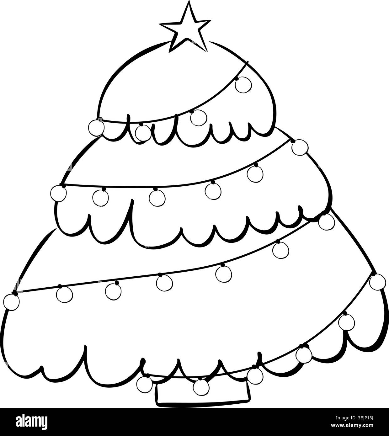 Albero di Natale con luci di composizione bianca e nera isolata. Illustrazione dell'inchiostro con linee grafiche vettoriali. Per poster, volantini, banner, inviti, social m Illustrazione Vettoriale