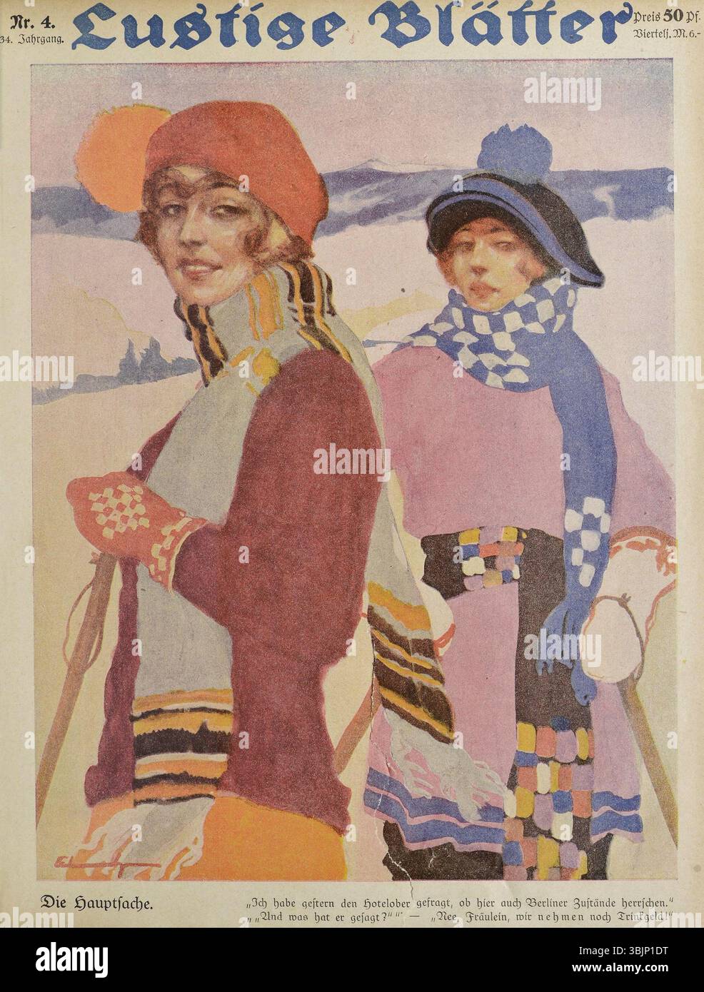 L'illustrazione di Lutz Ehrenberger 'Die Hauptsache' (la cosa principale) da Lustige Blätter, n. 4, 1919, è un'opera umoristica che riflette il commento sociale, disegnata in uno stile cartoni animati tipico delle pubblicazioni satiriche dell'inizio del XX secolo. Foto Stock