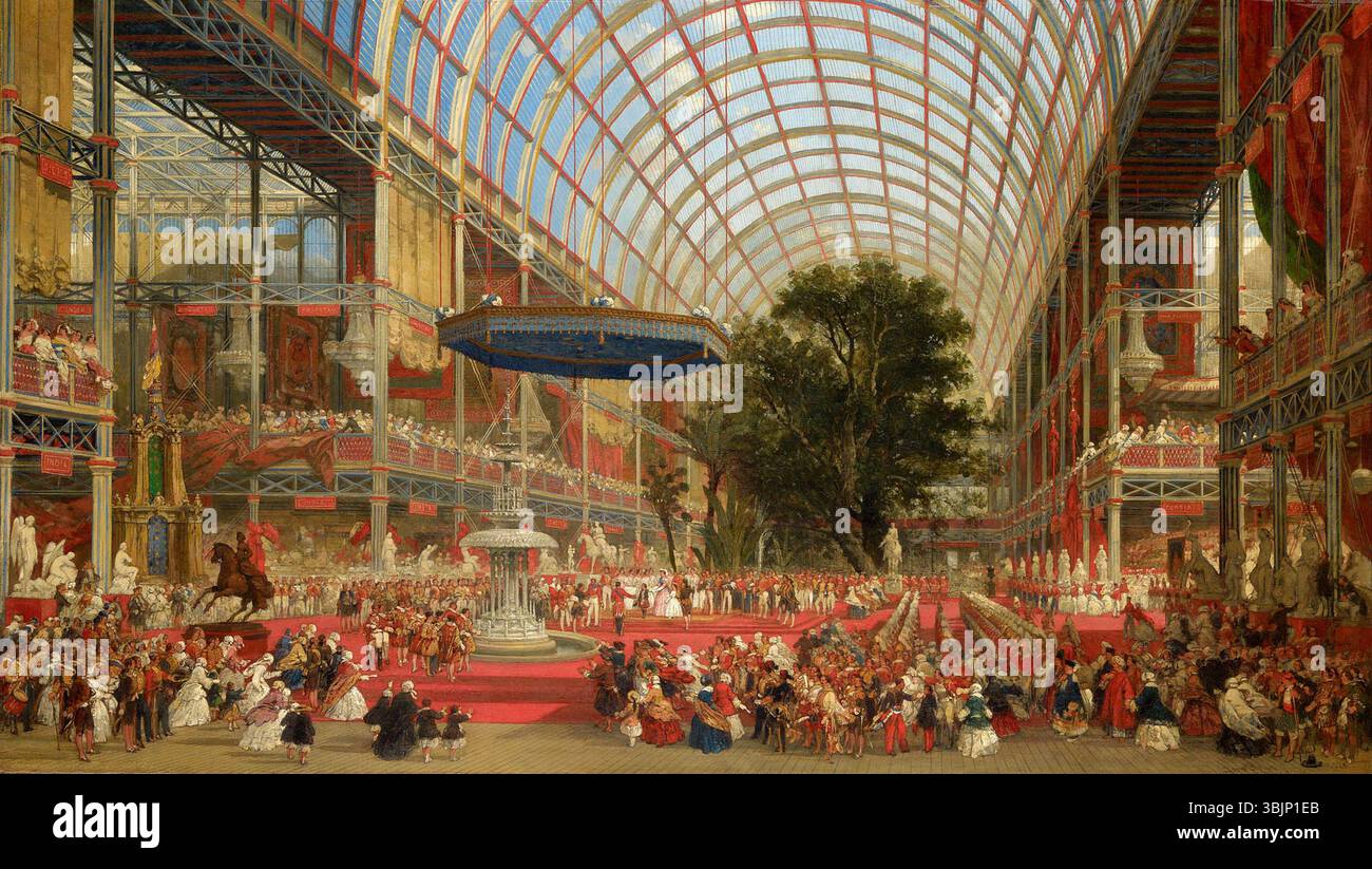 Il dipinto di David Roberts del 1854 commemora l'inaugurazione della grande mostra il 1° maggio 1851. L'olio su tela ritrae l'evento monumentale, mostrando le dimensioni della mostra e le folle raccolte. Foto Stock