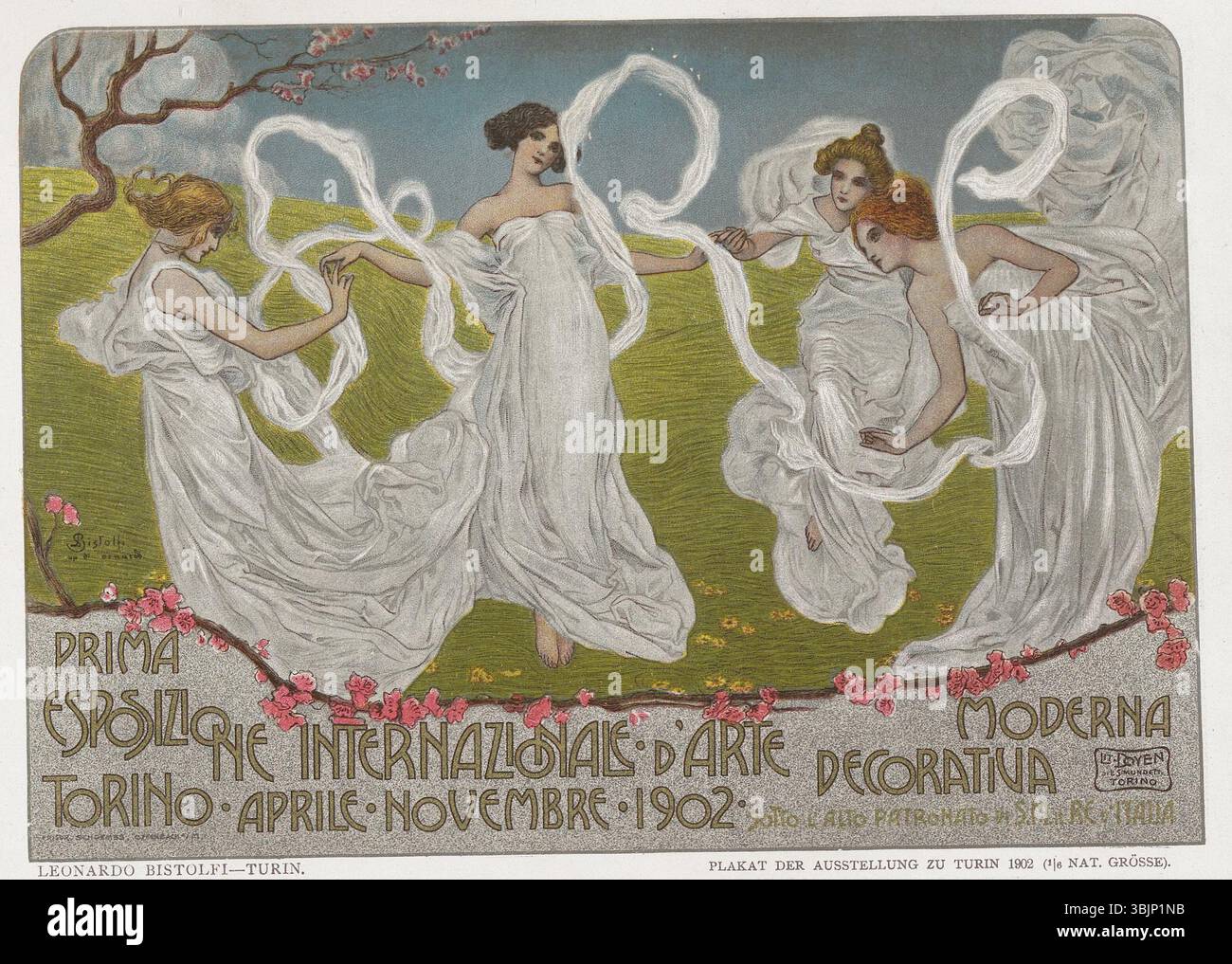 Quest'opera del 1902 di Leonardo Bistolfi raffigura quattro ragazze che ballano sull'erba con lunghi veli alla prima esposizione Internazionale d'Arte decorativa moderna di Torino, un evento che celebra l'arte decorativa moderna. Foto Stock