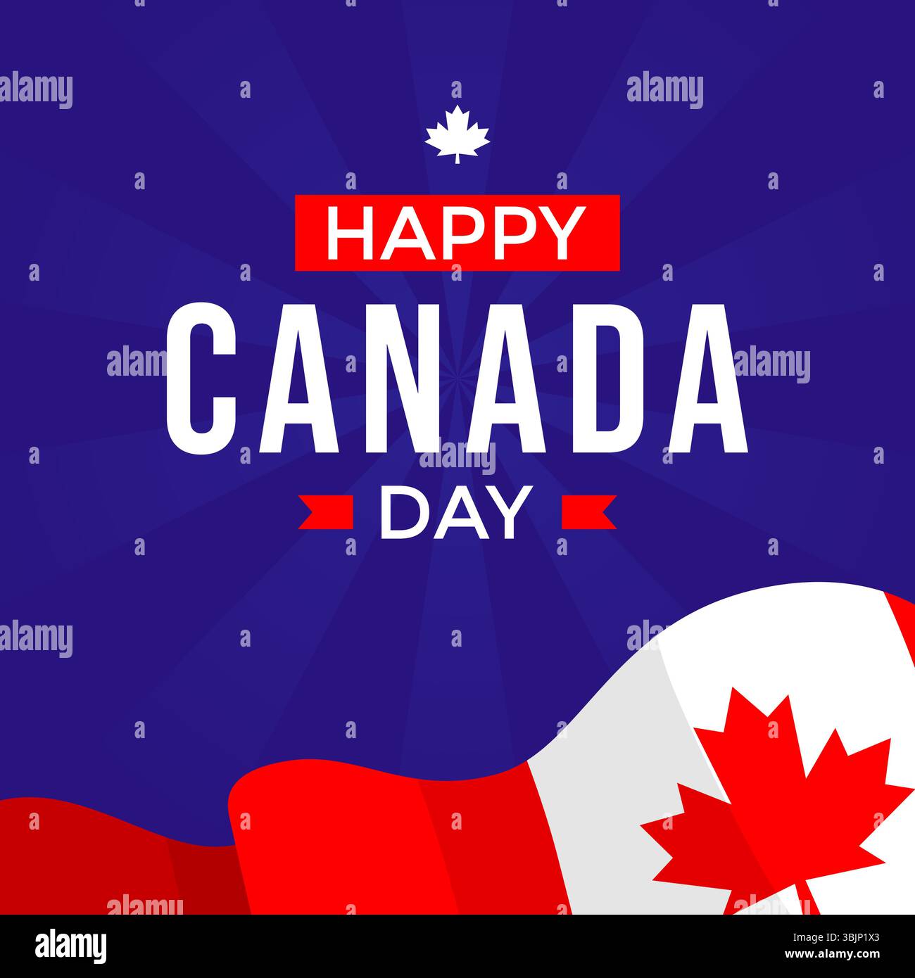 Modello di post sui social media di Happy Canada Day con bandiera canadese e foglia di acero rosso su sfondo blu scuro, perfetto per festeggiare il Canada Day il 1° luglio Illustrazione Vettoriale