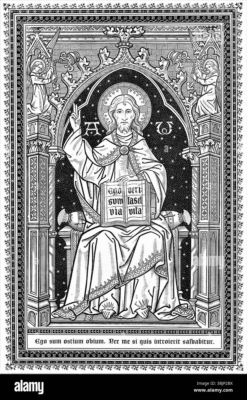 Il frontespizio del Missale Romanum del 1884, progettato da Jean-Baptiste Bethune, raffigura Cristo in Maestà. L'incisione è minuziosamente dettagliata, catturando la maestosità e il potere di Cristo, riflettendo la natura sacra del Missale e il suo significato religioso. Foto Stock
