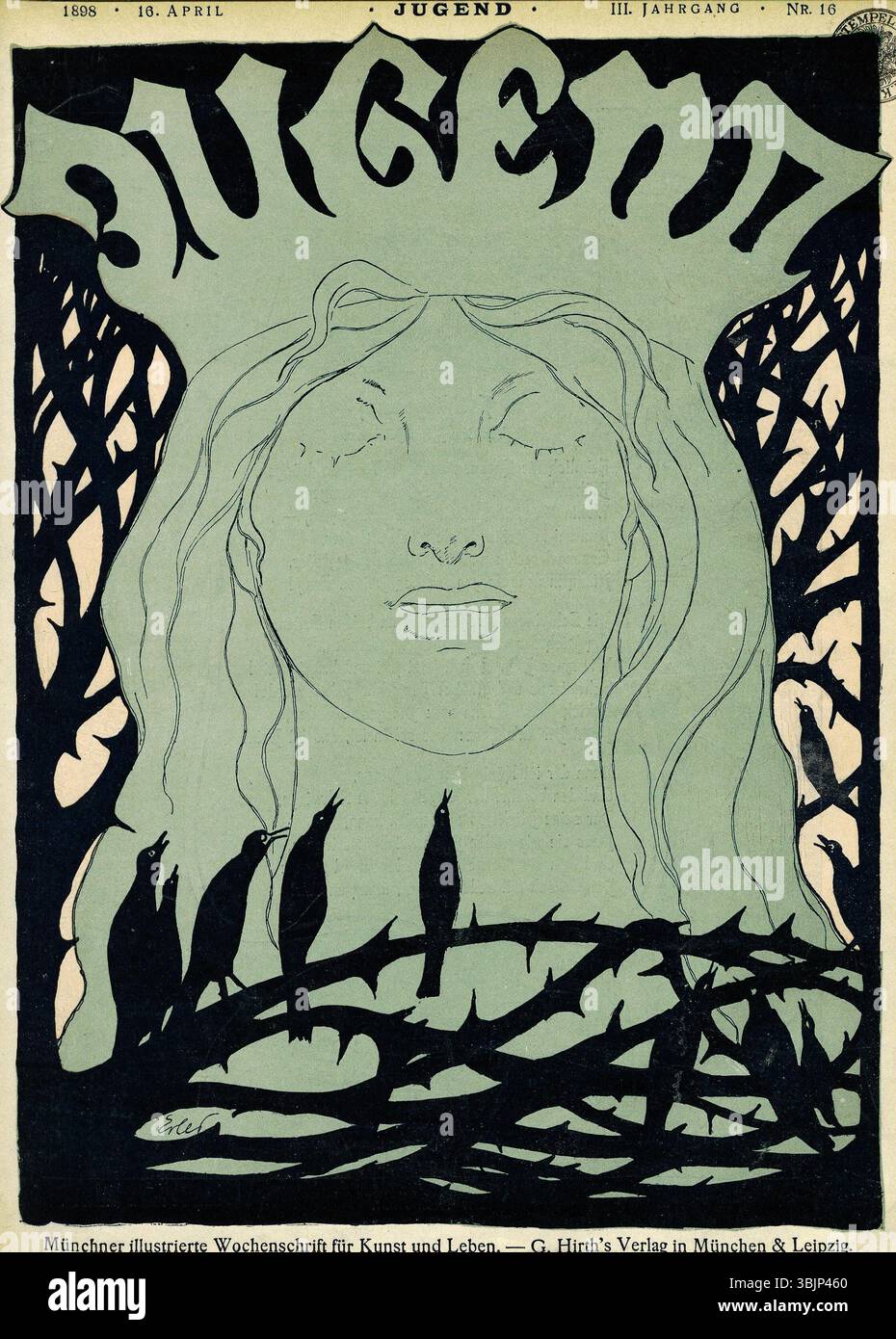 L'illustrazione di copertina di Fritz Erler per la rivista "Jugend", aprile 1898, presenta un design dinamico che mostra lo stile distintivo della rivista, catturando un'espressione artistica contemporanea del tempo. Foto Stock