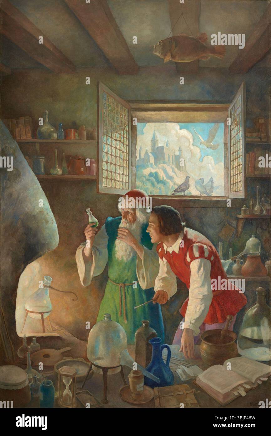 *The Alchemist* di N. C. Wyeth (1937) ritrae una scena mistica in un laboratorio disordinato. Un alchimista barbuto in verde osserva un pallone di liquido verde, con un giovane assistente nelle vicinanze. Il laboratorio presenta vari apparecchi e un pesce palla appeso al soffitto, mentre un castello è visibile fuori dalla finestra. Foto Stock