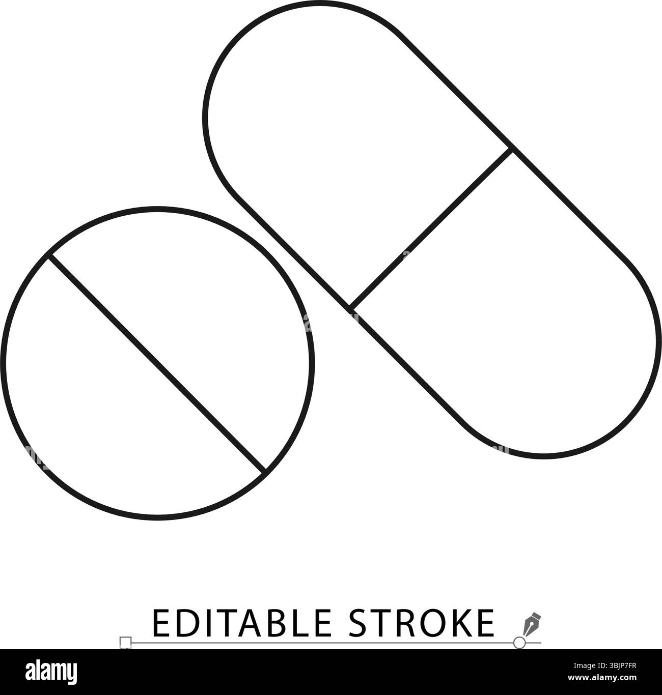 Icona delle pillole con uno stile di linea minimale con tratto modificabile. Simbolo della compressa e della capsula medica, elemento farmaceutico per la grafica sanitaria, farmaco Illustrazione Vettoriale