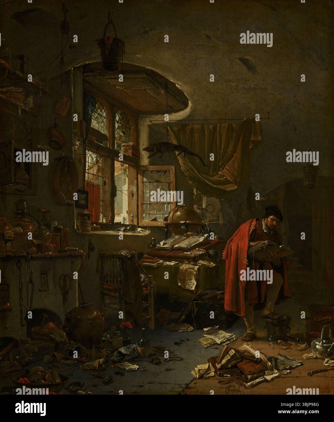 The Alchemist è un dipinto di Thomas Wijck, creato tra il 1631 e il 1677, che raffigura uno studioso impegnato in esperimenti alchemici nel suo studio. Foto Stock