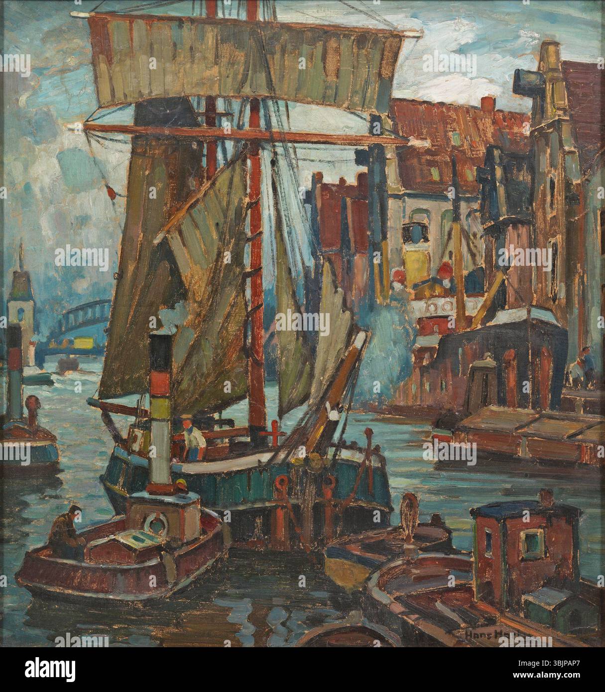 Hans Hartig (1873–1936) dipinse una vista serale in una città portuale della Germania settentrionale. L'opera petrolifera raffigura edifici, acque del porto e luce che svanisce in un ambiente marittimo urbano. Foto Stock