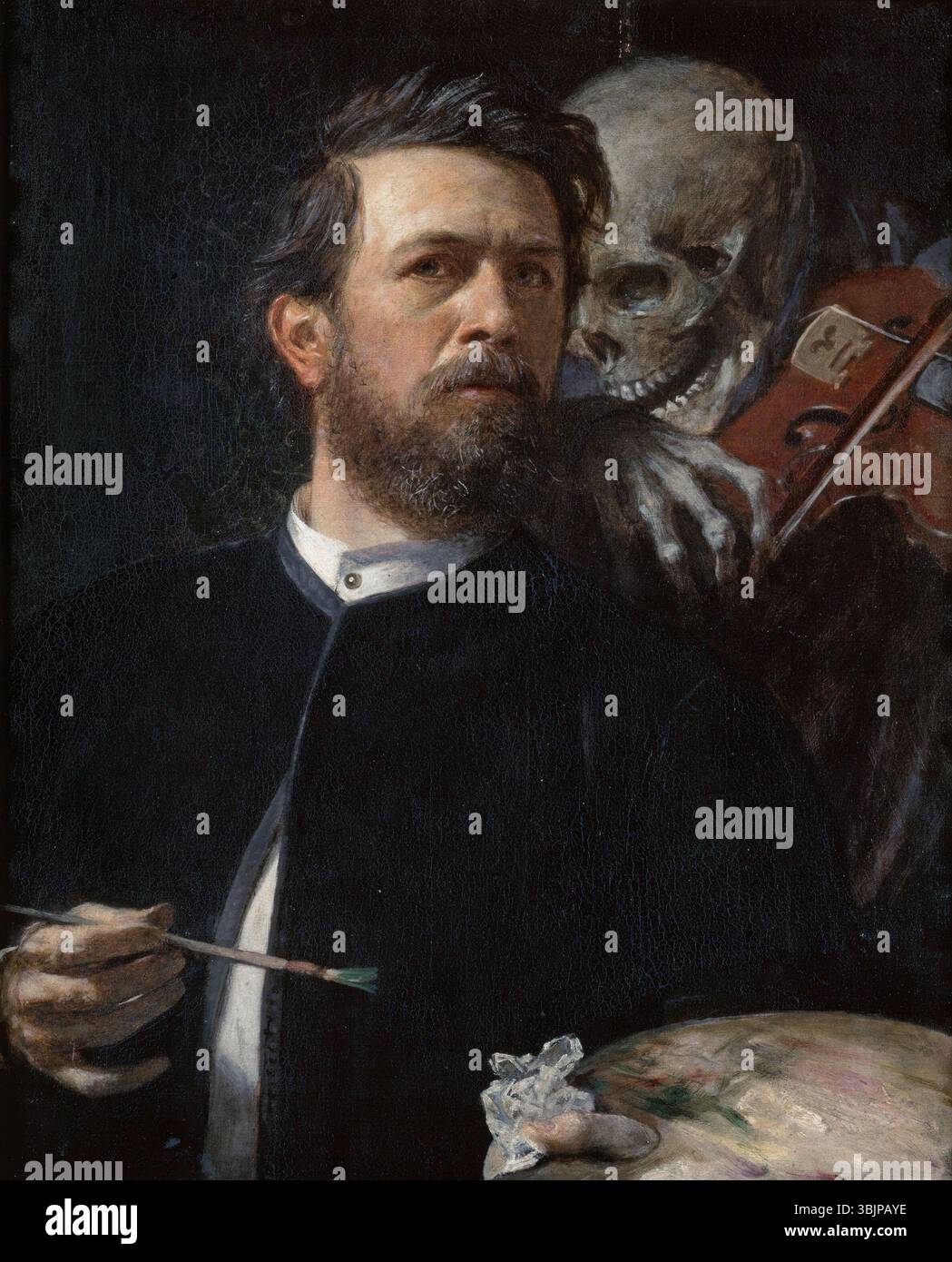 Il dipinto di Arnold Böcklin del 1872 "Self-Portrait with Death Playing the Fiddle" mostra l'artista accanto a una figura scheletrica della morte che suona un violino, riflettendo temi di mortalità. Foto Stock