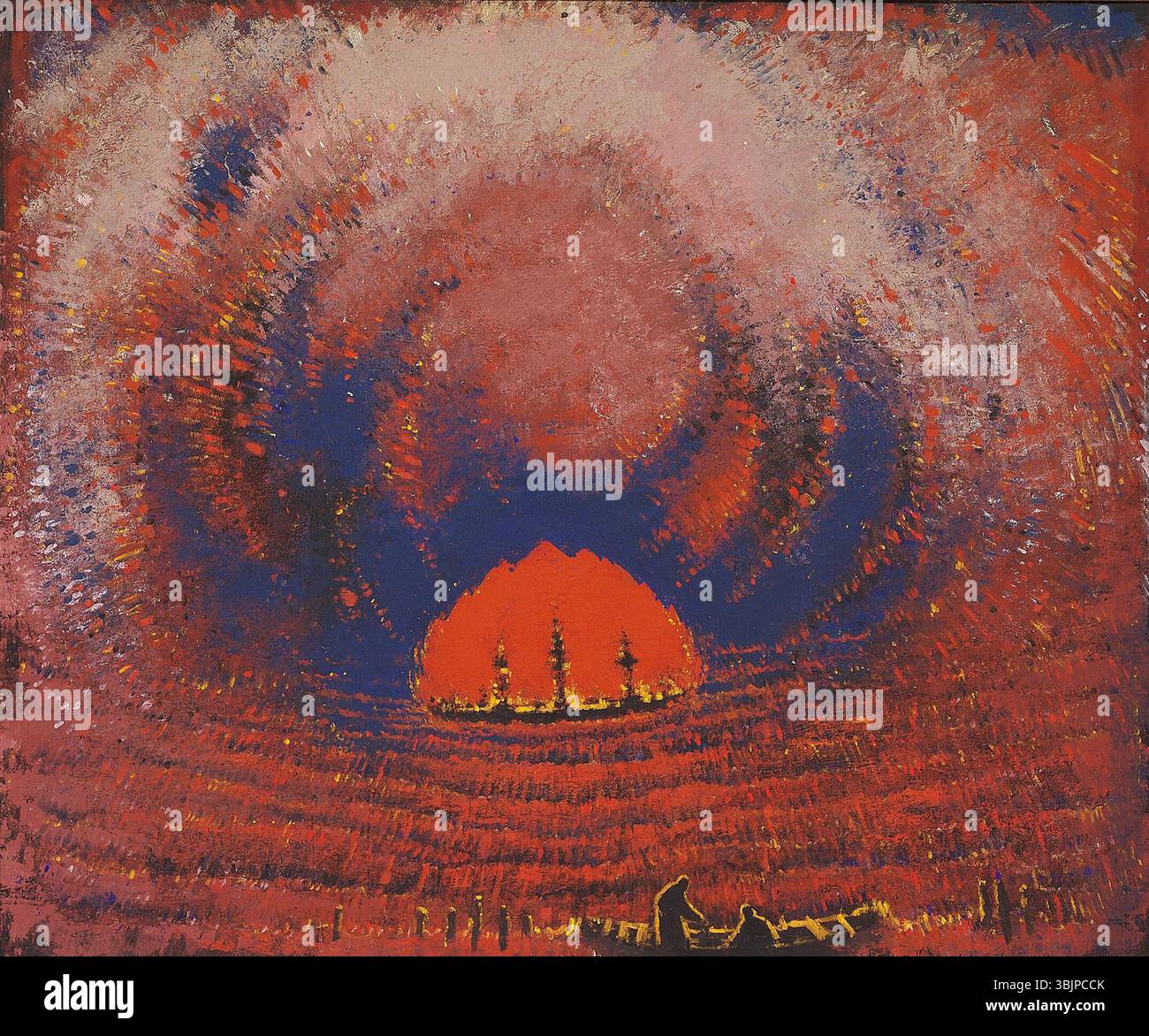 Il dipinto del 1938 di Ernst Zeuthen "Marine med brændende skib" ritrae una nave in fiamme al largo della costa, enfatizzando l'illuminazione e il movimento drammatici in un paesaggio marino. Foto Stock