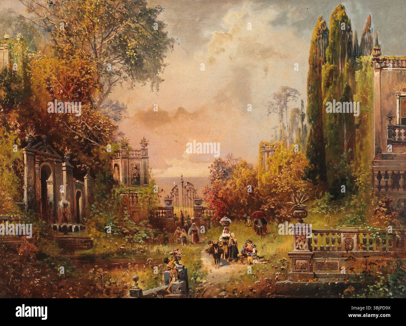 "Südliche Parklandschaft mit figürlicher Staffage" di Robert Alott raffigura un paesaggio del parco meridionale con figure integrate nella scena. Questo dipinto a olio su tela, firmato dall'artista, misura 73 x 99 cm ed è stato creato prima del 1910. Foto Stock