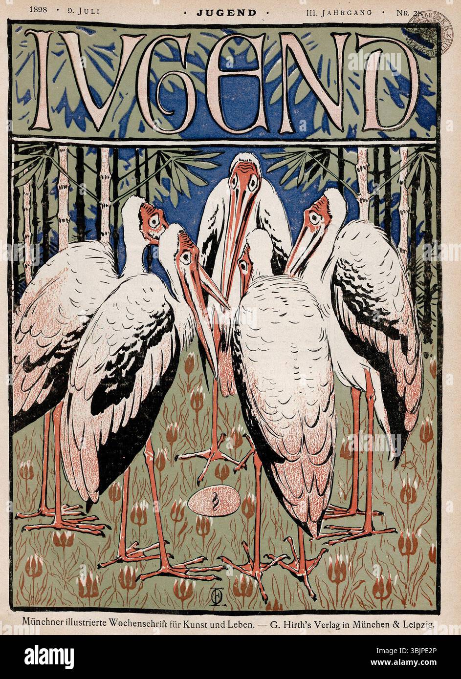 Il disegno di otto Eckmann per la copertina della rivista d'arte e letteratura tedesca "Jugend" (n. 28, luglio 1898) mostra il suo stile distintivo. Questo pezzo riflette il movimento Jugendstil, enfatizzando forme decorative, organiche e linee fluide tipiche del tardo XIX secolo art nouveau. Foto Stock