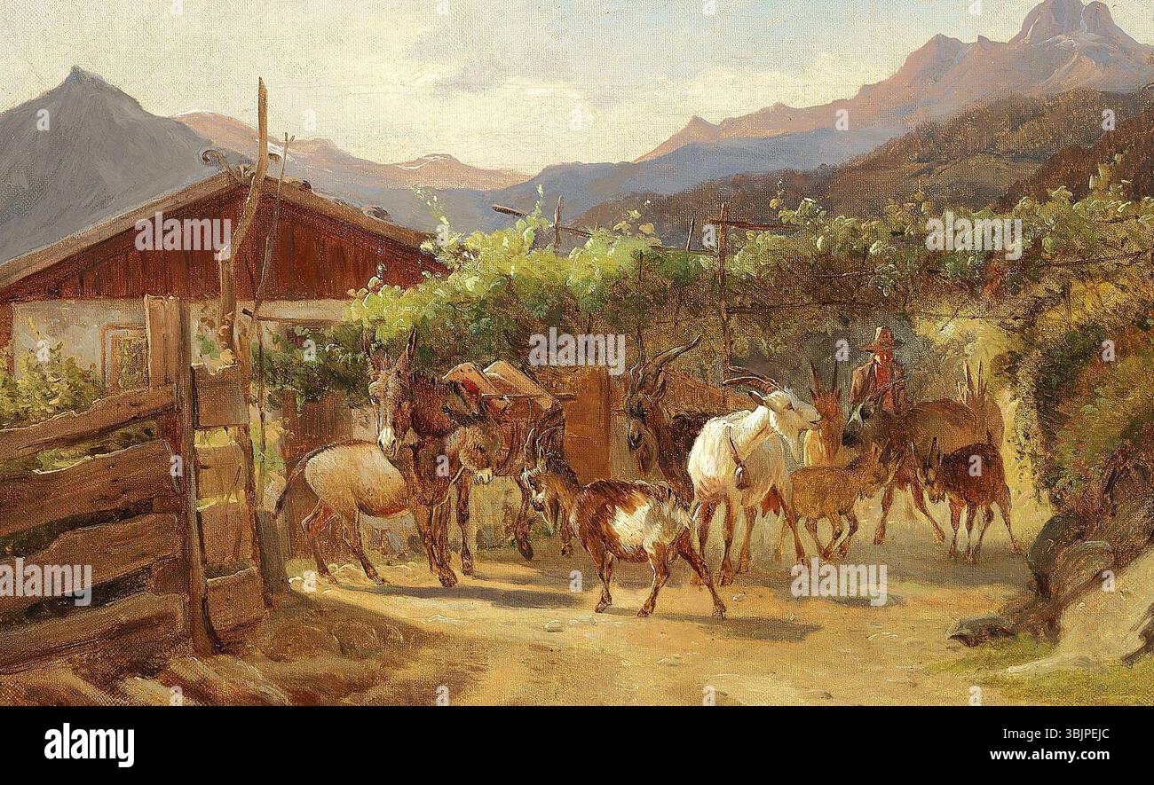 Il dipinto di Wilhelm Zillen, creato tra il 1842 e il 1870, intitolato "un pastore italiano con le sue capre", ritrae un pastore italiano che si occupa delle sue capre. La pittura a olio su tela raffigura una scena rurale e pastorale con attenzione alle figure e all'ambiente naturale. Foto Stock