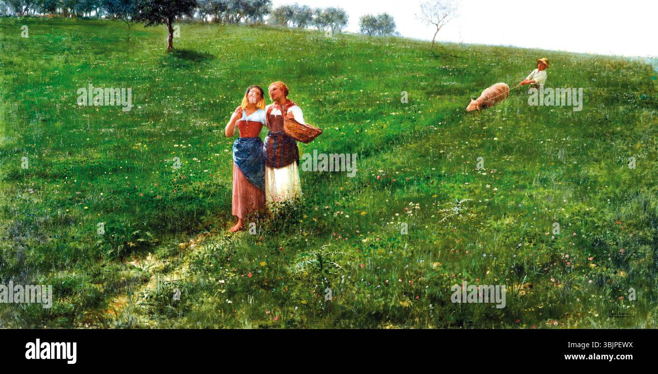 "Primavera" di Pasquale Celommi, dipinta nel 1901, rappresenta una vivace scena della natura, celebrando la stagione del rinnovamento. L’uso della luce e dei colori di Celommi cattura l’essenza della primavera. Foto Stock