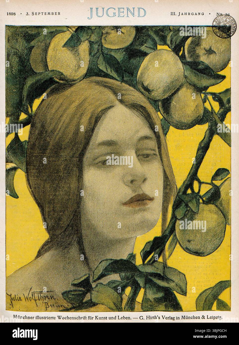 Il design della copertina di Julie Wolfthorn per la rivista tedesca "Jugend" (No. 36, settembre 1898) riflette il movimento Jugendstil, combinando forme organiche con dettagli intricati. Il suo lavoro mette in mostra le linee fluide e lo stile decorativo tipico dell'art nouveau del tardo XIX secolo. Foto Stock