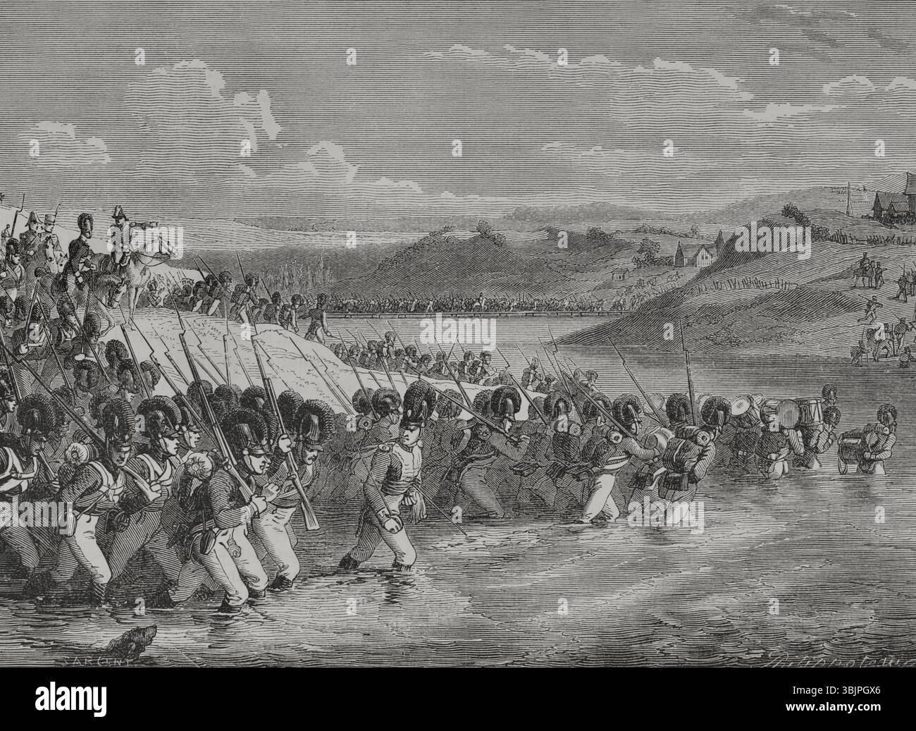 Battaglia di Bautzen (20-21 maggio 1813). Un esercito russo-prussiano combinato fu respinto dalla vittoria francese di Napoleone I. Giorno del 20 maggio; passaggio della Sprea attraverso la divisione bavarese. Disegno di Philippoteaux. Incisione di Sargent. Histoire du Consulat et de l'Empire (storia del Consolato e dell'Impero di Francia sotto Napoleone), di A. Thiers. Volume IV. Pubblicato a Barcellona, 1879. Foto Stock