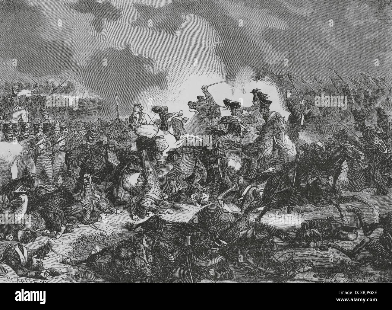 Battaglia di Bautzen (20-21 maggio 1813). Un esercito russo-prussiano combinato fu respinto dalla vittoria francese di Napoleone I. Secondo giorno. La divisione di Morand, formata in quadrati, respinse la cavalleria prussiana. Disegno di Philippoteaux. Incisione di Méaulle. Histoire du Consulat et de l'Empire (storia del Consolato e dell'Impero di Francia sotto Napoleone), di A. Thiers. Volume IV. Pubblicato a Barcellona, 1879. Foto Stock