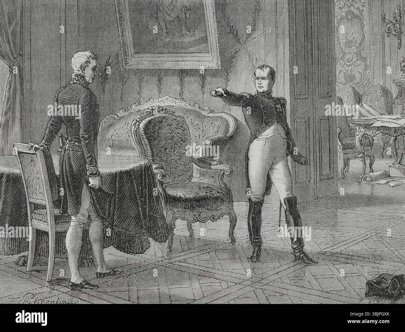 Incontro tra l'imperatore francese Napoleone i e il diplomatico austriaco, il principe Klemens von Metternich, a Dresda il 26 giugno 1813, per negoziare la fine della guerra della sesta coalizione. Disegno di Philippoteaux. Incisione di E. Deschamps. Histoire du Consulat et de l'Empire (storia del Consolato e dell'Impero di Francia sotto Napoleone), di A. Thiers. Volume IV. Pubblicato a Barcellona, 1879. Autore: Félix Philippoteaux (1815-1884). Artista francese. Emile Deschamps (1822-1893). Incisore francese. Foto Stock