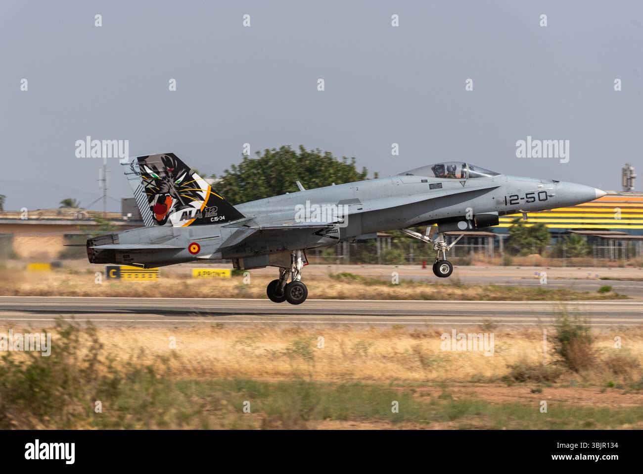 L'aeronautica militare spagnola McDonnell Douglas EF-18A Hornet decolla all'aeroporto di Murcia San Javier, Murcia, Spagna. Base aerea militare. Coda dipinta ala 12 Foto Stock