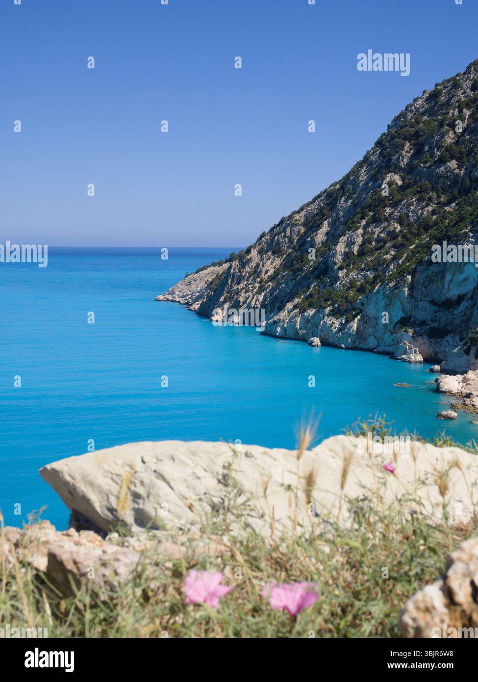 Veduta leggermente incorniciata della spiaggia di Myrtos sull'isola di Cefalonia, in Grecia, con acqua turchese e scogliere bianche a fuoco. Foto Stock