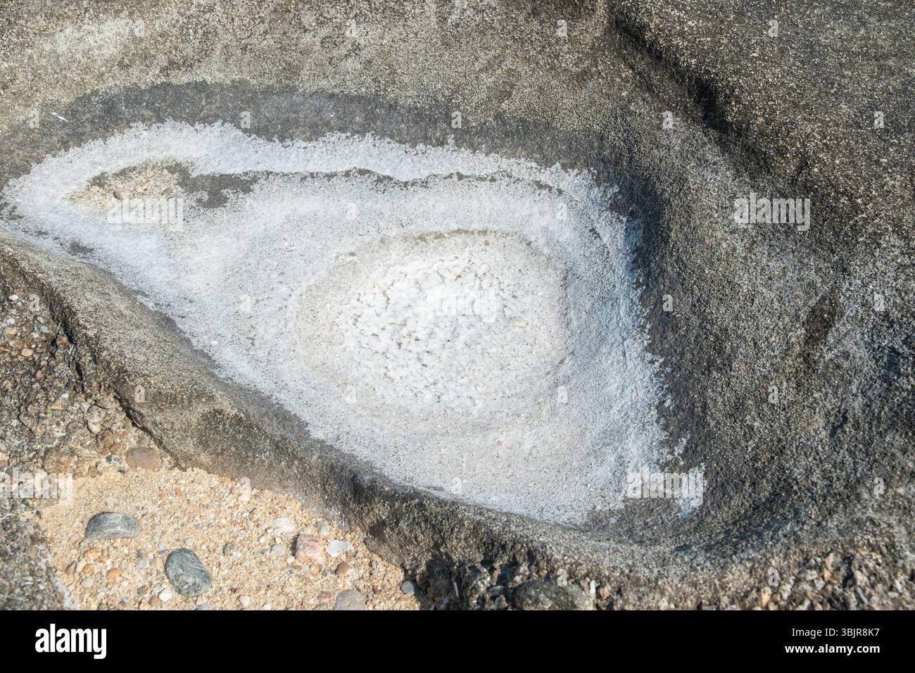 Cristalli di sale in una cavità di pietra su un primo piano della costa Foto Stock