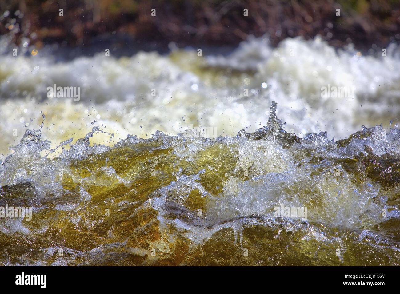 L'acqua del fiume è una forza enorme che si precipita davanti alla telecamera Foto Stock