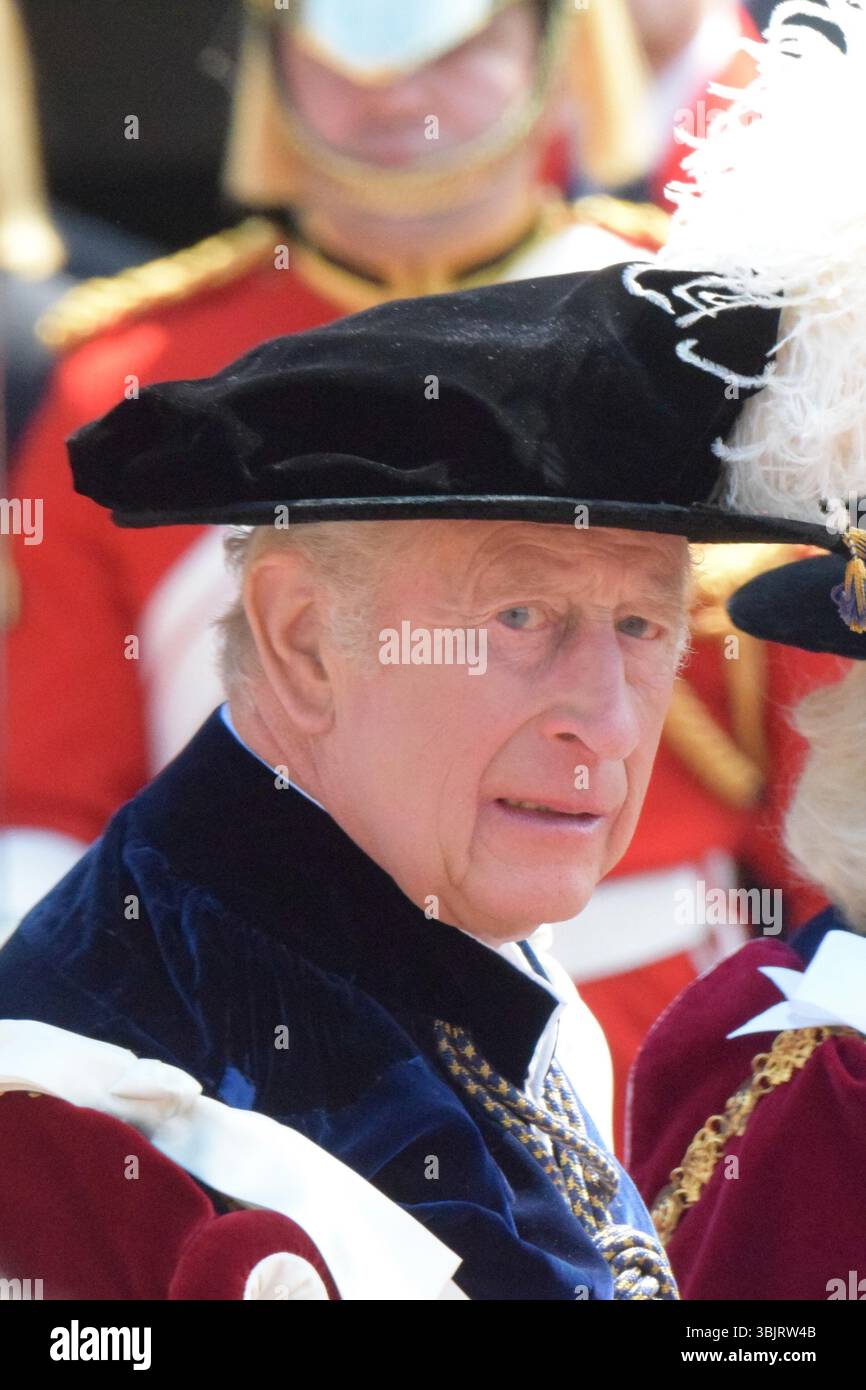 Castello di Windsor, lunedì 16 giugno 2025. Sua Maestà il Re prende parte alla processione per il più nobile ordine della Giarrettiera, il Castello di Windsor, lunedì 16 giugno 2025. Crediti: James Taylor/Alamy Live News Foto Stock