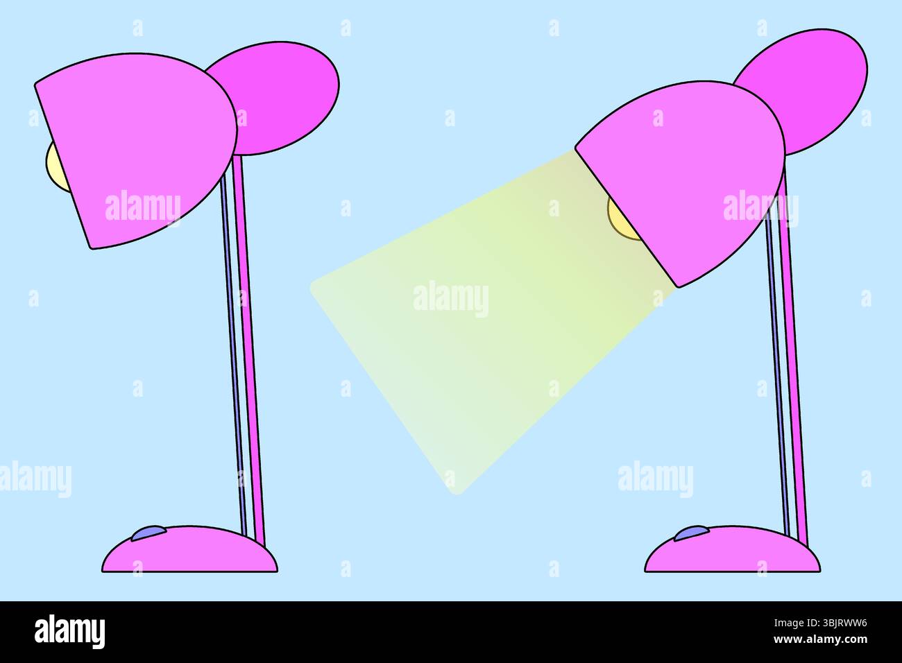 Illustrazione vettoriale di una serie di lampade da tavolo rosa in due posizioni, una accesa e una spenta, su sfondo blu. Per tornare al tema della scuola, l'istruzione Illustrazione Vettoriale