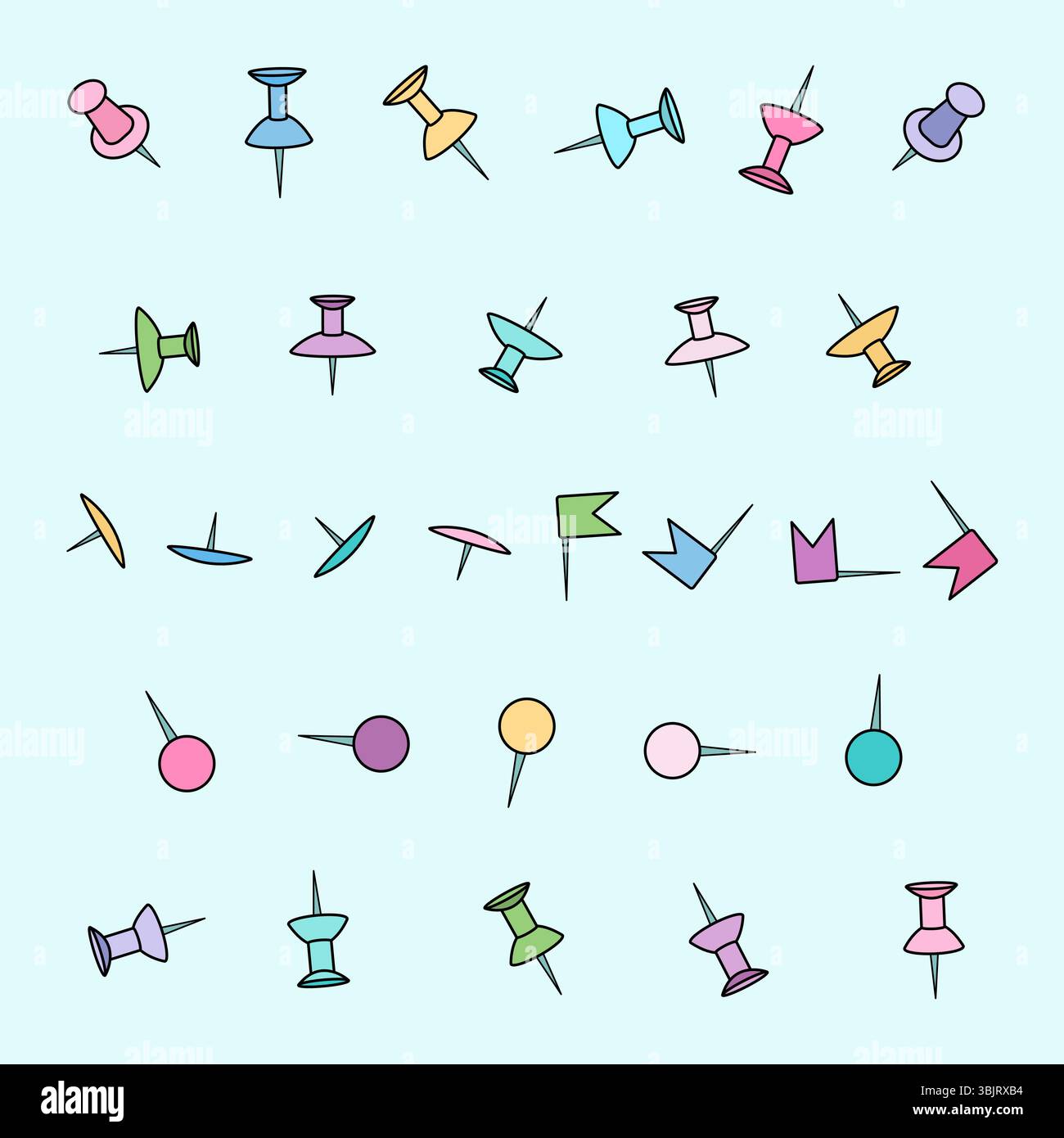 Cartoon illustrazione scuola o ufficio cancelleria con set di spille colorate e punti mappa in varie forme su sfondo blu. Per il supp di ritorno a scuola Illustrazione Vettoriale