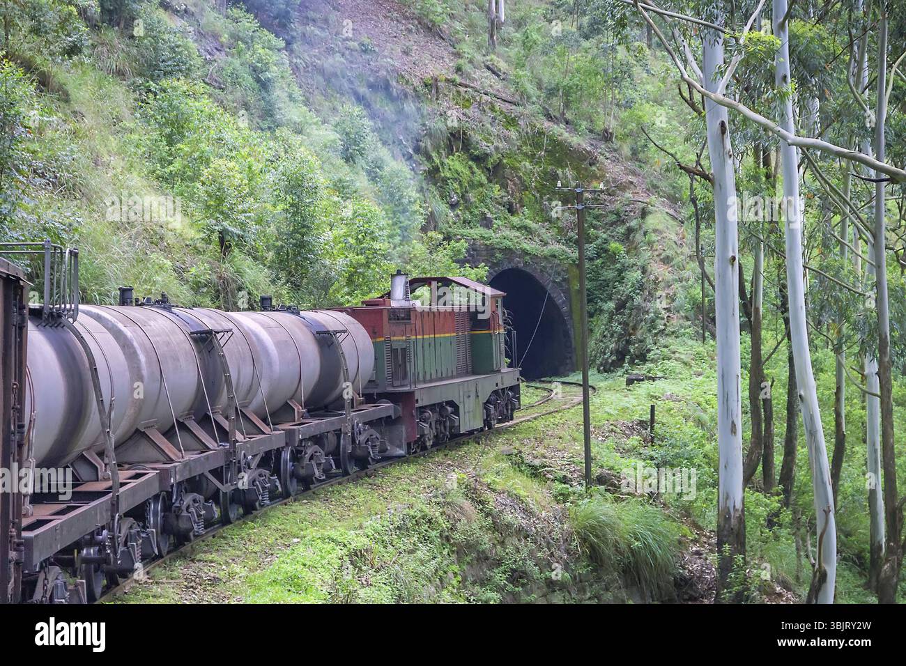 Set di serbatoi con trasporto di olio e carburante tramite rail. Cargo auto e treni nel sud-est asiatico Foto Stock