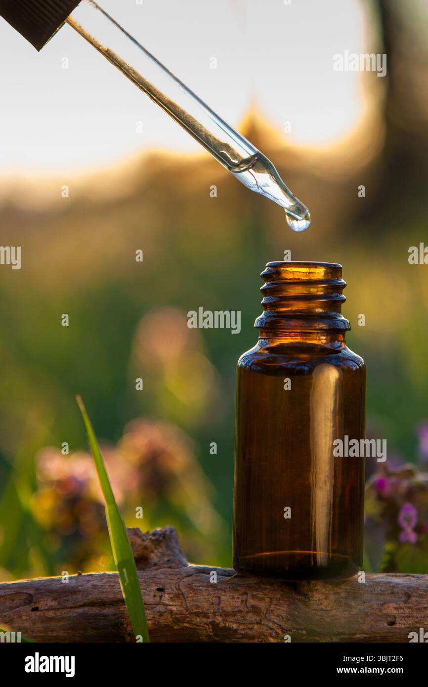 Contagocce con liquido al di sopra del flacone ambrato all'aperto Foto Stock