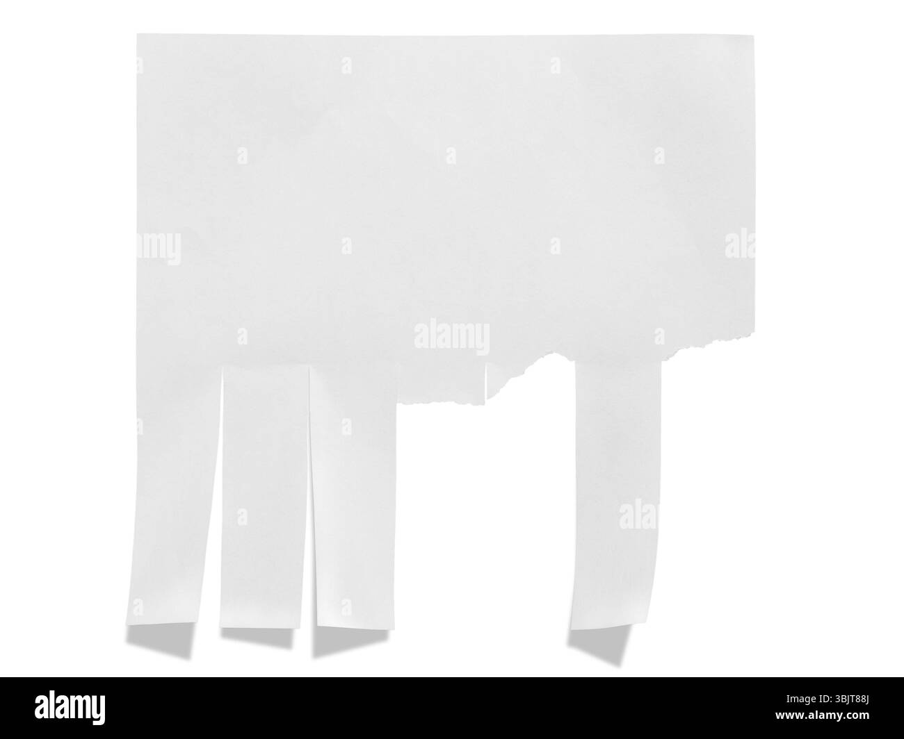 Pubblicità su carta bianca a strappo con un'ombra sottile, isolata su uno sfondo bianco pulito, perfetta per varie esigenze di marketing Foto Stock