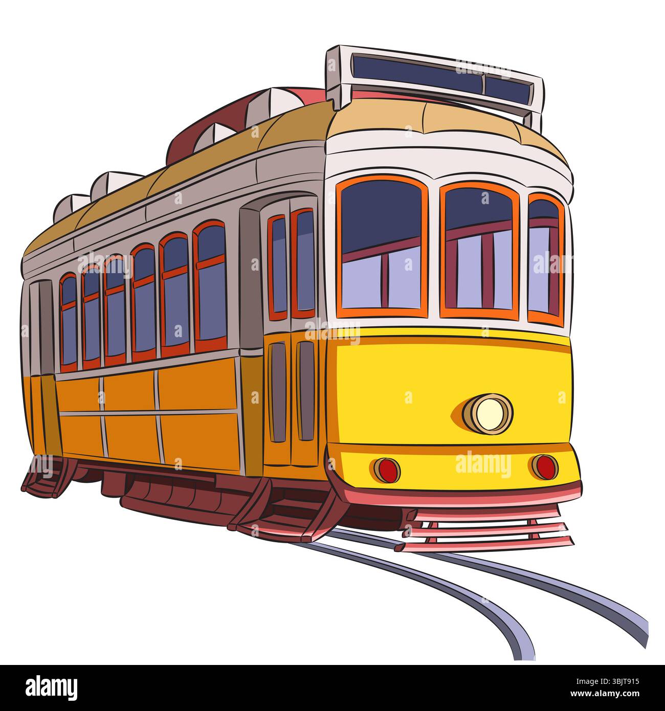 Vecchio tram giallo a Lisbona isolato su sfondo bianco Illustrazione Vettoriale