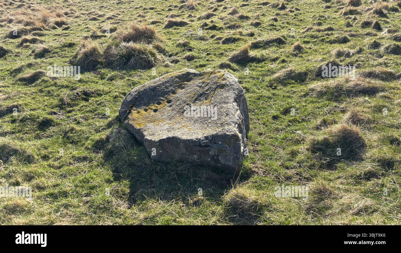Una pietra segnata da una tazza pittica, un masso preistorico inciso con antiche depressioni di coppa e incisioni simbolo. Echi dei primi rituali nelle Highland Foto Stock