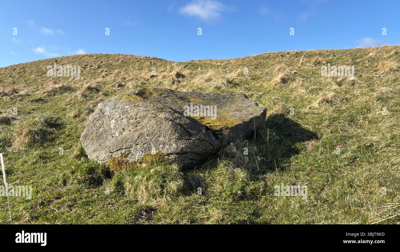 Una pietra segnata da una tazza pittica, un masso preistorico inciso con antiche depressioni di coppa e incisioni simbolo. Echi dei primi rituali nelle Highland Foto Stock
