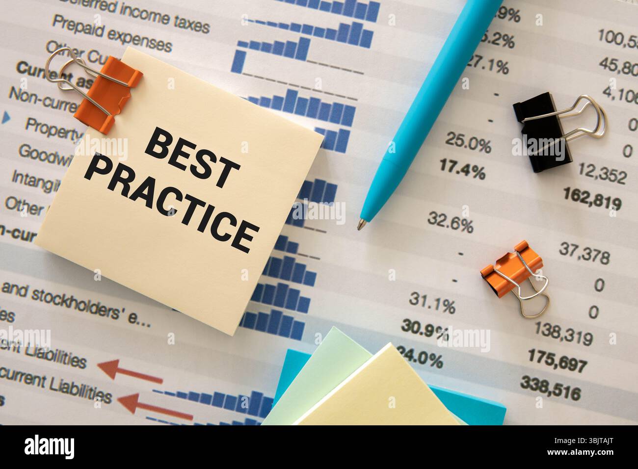 testo delle best practice su un blocco note a spirale. tazza di caffè. Foto Stock