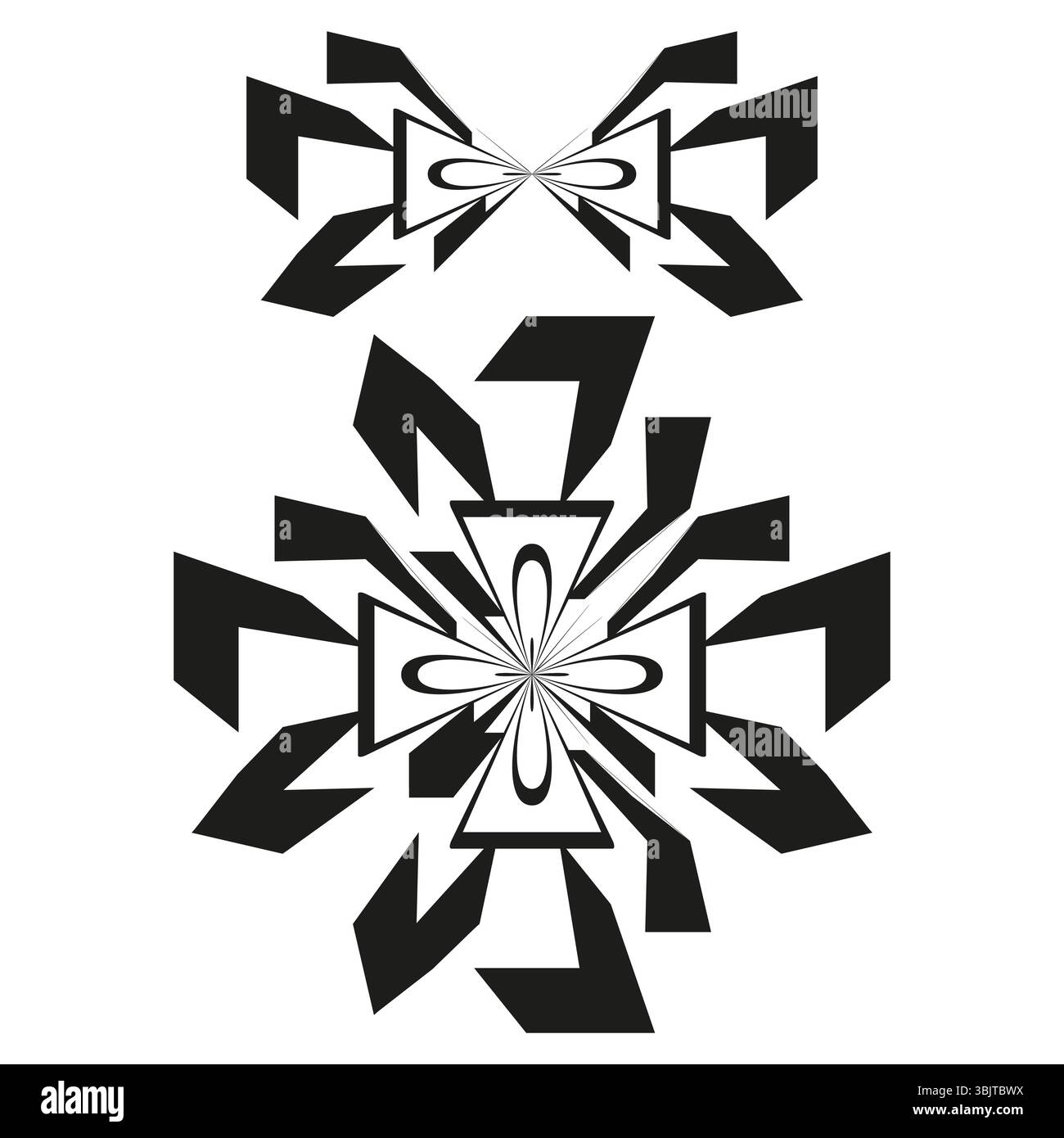 Croce floreale nera. Fiore vettoriale astratto. Icona simmetria petale. Design decorativo geometrico. Illustrazione Vettoriale