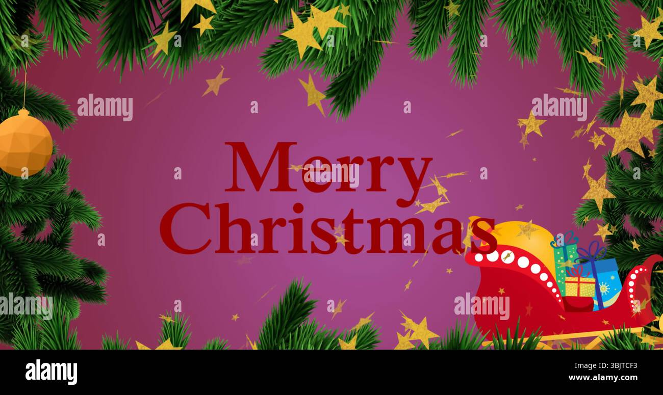 Incorniciata da magenta con rami di pino, coriandoli a stella, testo rosso di buon Natale, slitta con regali Foto Stock