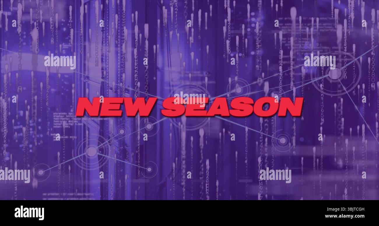 Testo rosso brillante "NEW SEASON" che fissa lo sfondo cyber, con nodi traslucidi, linee e flussi di codice Foto Stock