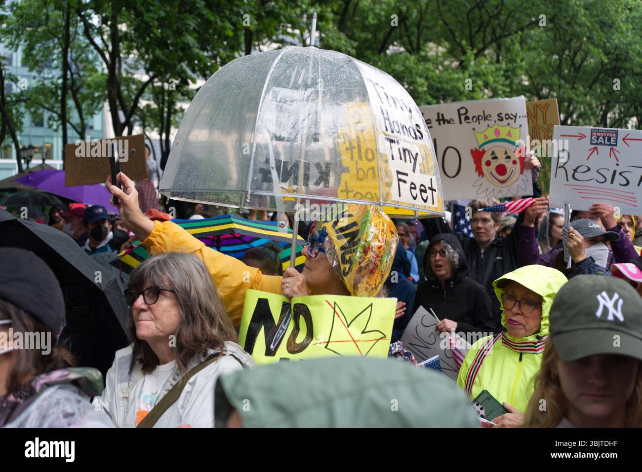 Una protesta politica in un parco cittadino, con numerose persone con cartelli con vari slogan e diversi ombrelli. I segni protestano contro un Foto Stock