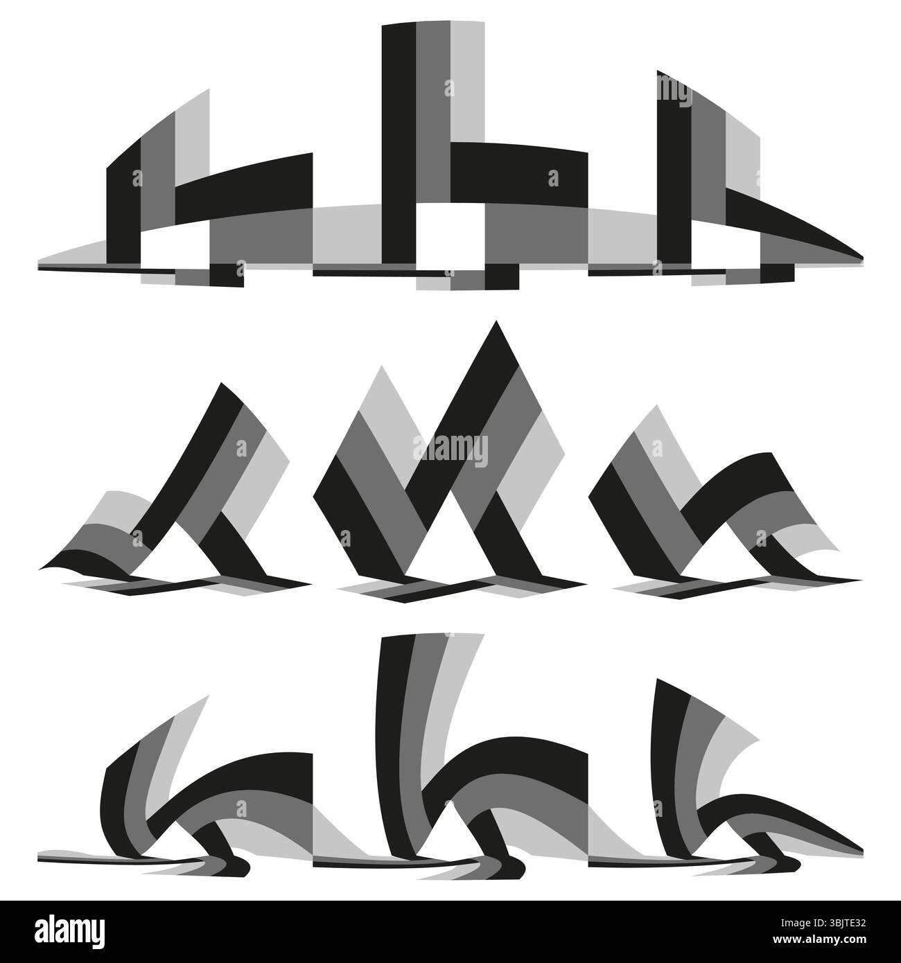 Forme tipografiche astratte. Elementi lettera geometrici. Font moderno in scala di grigi. Design creativo vettoriale. Illustrazione Vettoriale