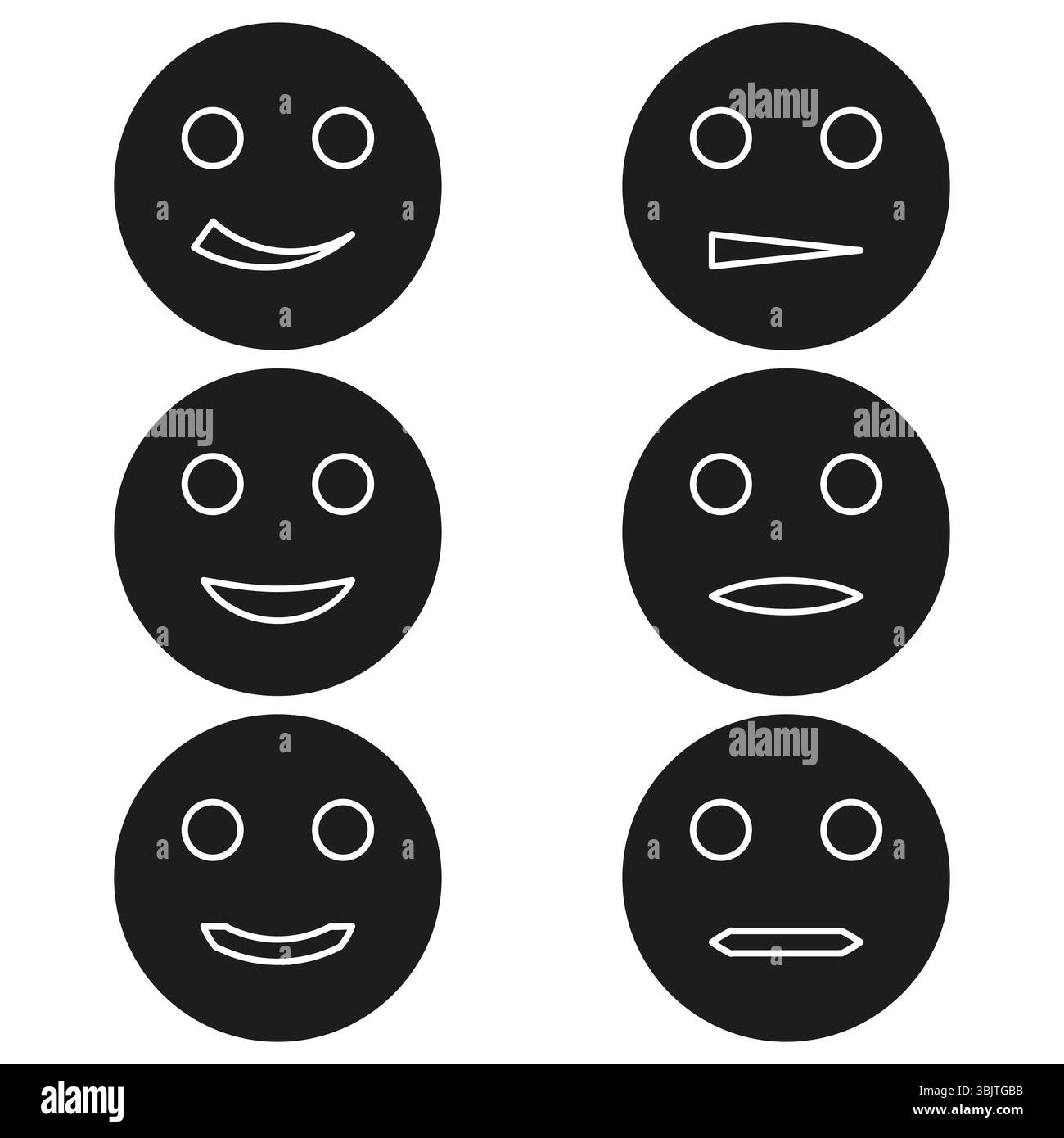 Icone smiley nere. Facce emotive piene. Set Mood Circle. Simboli emoji vettoriali. Illustrazione Vettoriale